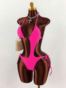 Amplova 女士性感连体泳衣，带罩杯设计，时尚度假之选，可爱纯色露背系带腰身连体泳衣 - 玫紅色 - 查看 3