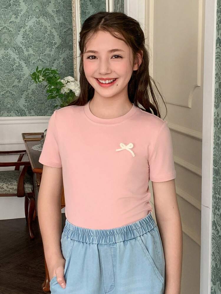 Tween Girls' Casual Butterfly Decor Round Neck Short Sleeve T-Shirt, Summer Spring