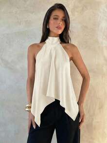 Aloruh 女士无袖露背吊带不对称下摆缎面上衣，复古优雅浪漫约会女士露脐上衣夏季外出上衣 - 杏色 - 查看 7