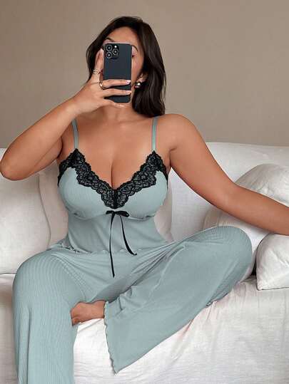 Dream Adore Plus Size Lace Patchwork Camisole & Wide Leg Pants Set, Knit Casual Loungewear 2 Pieces