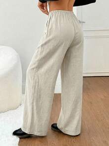 SHEIN PETITE 女士黑色纯色亚麻低腰直筒休闲裤，适合娇小身材，夏秋季穿着 - 杏色 - 查看 2