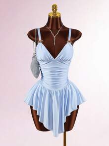 Amplova New Arrival Blue V-Neck Backless Asymmetrical Hem Bodycon Mini Dress For Party - Blue - View 7