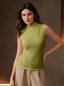 Anewsta Áo tank top không tay cổ bèo nhún, chất liệu vải trơn, thời trang mới về dành cho nữ. - màu xanh lá - Xem 3