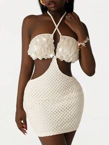 Amplova Women's Beaded Camisole Mini Dress, Sexy Backless Halter Neck With Hollow Waist Design, Suitable For Beach Vacation - White - View 5