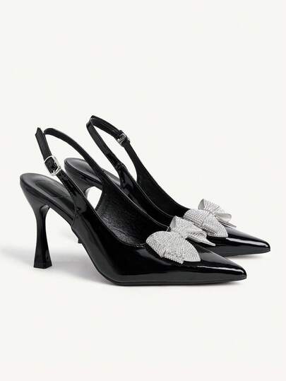 CUCCOO CHICEST Women's Rhinestone Butterfly Embellished Pointed Toe High Heel Shoes, Autumn