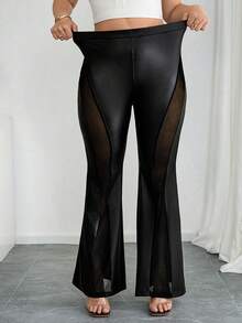 SHEIN Tall CURVE 大码女式纯色弹力腰网纱PU皮喇叭裤 - 黑色 - 查看 7