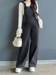 FRIFUL Women's Patchwork Ruffle Pocket Wide Leg Loose Casual Denim Jumpsuit - Grey - View 2