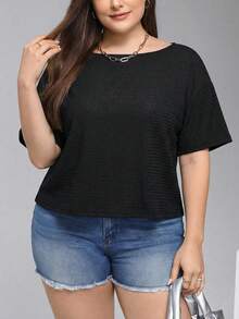 SHEIN Essnce 大码女装春夏时尚休闲宽松舒适日常百搭显瘦黑色短袖露背上衣，适合外出、夏季穿着，欧洲夏季 - 黑色 - 查看 4
