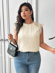 SHEIN Frenchy 夏季加大码纯色蕾丝拼接优雅时尚上衣 - 杏色 - 查看 4