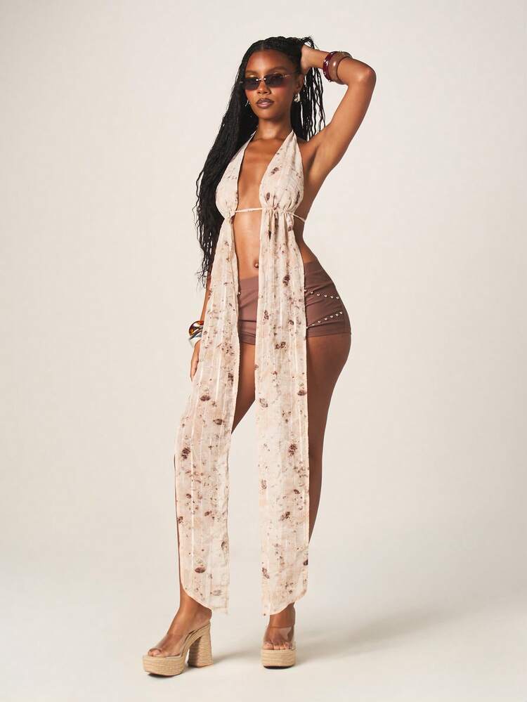 MISSGUIDED Débardeur long drapé à col ras-du-cou fleuri avec lien dans le dos, tenue de plage d'été et de vacances