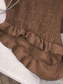 GlowEve 女士优雅不对称荷叶边抹胸上衣，适合夏季度假 - 咖啡棕 - 查看 5