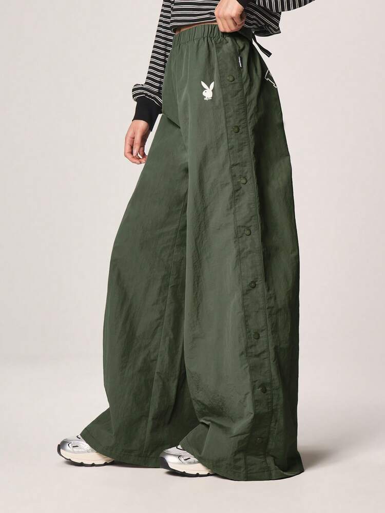 Missguided x Playboy Women High Waisted Olive Snap Button Wide Leg Palazzo Pants With Logo Print