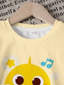 BABY SHARK X SHEIN 女童圆领短袖可爱印花T恤套装，全印花 - 白色 - 查看 3