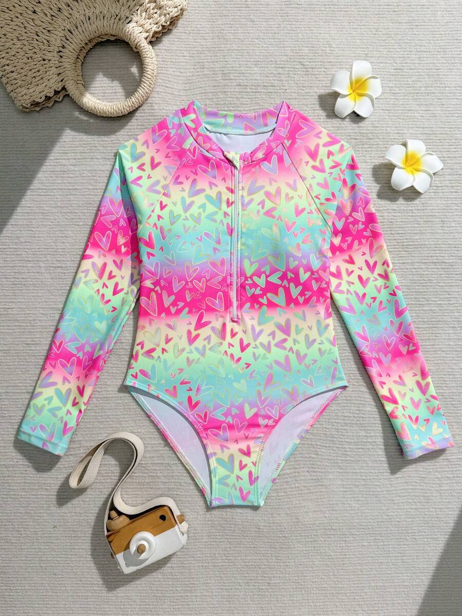 SHEIN 少女爱心印花连体泳衣,适合海滩度假 - 彩色 - 查看 1