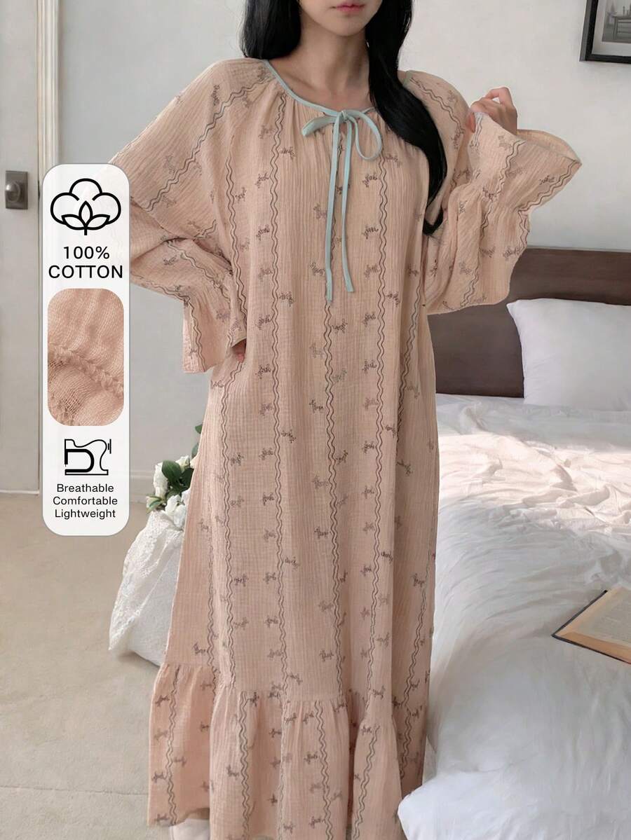 DAZY 波浪纹可爱小狗印花长袖宽松休闲连衣裙（女款） - 粉色 - 查看 1