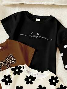 SHEIN 3pcs/Set Baby Girls' Casual Sweet Floral, Leopard Bow, And Minimalist Letter Print Short Sleeve Round Neck T-Shirt And Matching Shorts Set, Suitable For Spring To Summer Outings And Vacations - Multicolor - View 5