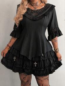 Flirla Camicia elegante casual da donna taglie forti, di colore unito, con inserti in pizzo floreale traforato, vita segnata - nero - Visualizzare 7