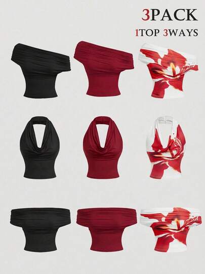 SHEIN MOD 3pcs/Set 3-Way Wear Women's Casual Solid Color Slim Fit Top,Cowl Neck Top, Off The Shoulder Top, Aesthetic Tops,Festival,Country,Prom Top,Cute Tops,Casual Tops, Date Tops, Valentine's Day Tops, Spring/Summer Tops, Multi-Piece Sets, Off-The-Shoulder Tops.Black Off Shoulder Top, Burgundy Asymmetric Neckline Crop Top, Red White Floral Print Halter Neck Top, Ruched Details, Soft Stretch Fabric, Smooth Finish, Lightweight, Sleeveless, Gentle Drape, Fitted Silhouette, Elegant, Summer Style, Breathable, Eye-Catching Print, Feminine, Minimalistic, Chic