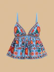 SHEIN TRVLCHIC Áo hai dây dệt in họa tiết phong cách thường ngày dành cho nữ, thích hợp cho kỳ nghỉ hè. - Màu xanh lam - Xem 5