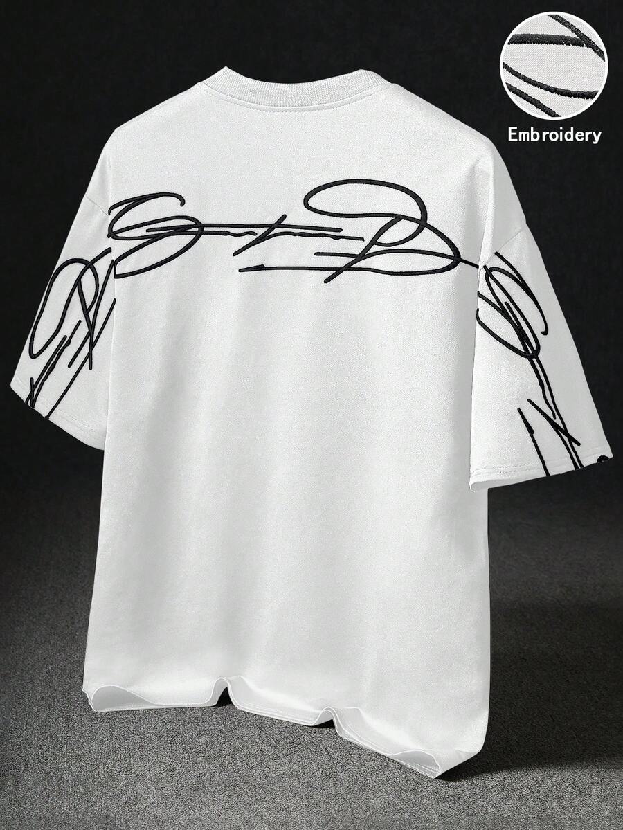 STYNVO 男士 Freedom Signature 圖案刺繡 T 恤,白色街頭風夏季城市度假休閒衫,適合戶外音樂節,黑色禮品 - 白色 - 查看 1