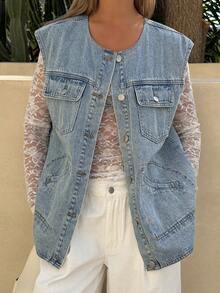 DAZY Women's Round Neck Sleeveless Open Front Pocket Decor Urban Casual Denim Blouse - Light Wash - View 5