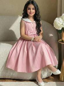 SHEIN Tween Girl Elegant Gold Button White Color Block Collar Big Bow Pink Sleeveless A-Line Dress,Pink And White Striped,Summer,Elegant,Party Wear Vintage - Pink - View 13