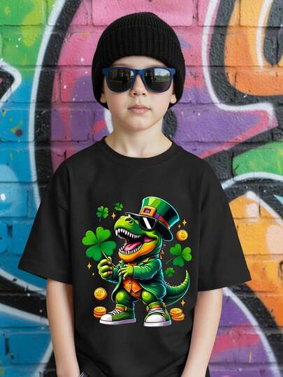 Camiseta de manga corta, cuello redondo, holgada y cómoda con gráfico minimalista de San Patricio, trébol y dinosaurio lindo para niños preadolescentes, adecuada para primavera y verano