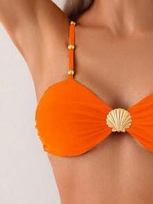 Swim Chiccia 2025 Spring/Summer Women's Elegant Vacation Metal Shell Buckle Beaded Strap High Waist Tummy Control Brown Bikini Set - Orange - View 3