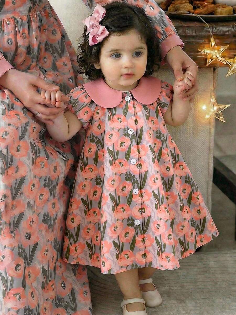 SHEIN 女婴法式甜美公主风粉色碎花泡泡袖连衣裙 - 彩色 - 查看 1