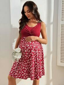 SHEIN Floral Patchwork Sleeveless A-Line Midi Dress, Casual Party Nursing Dress - Burgundy - View 5