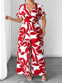 Elenzga Valentine's Day Elegant Casual French Retro Vacation V-Neck Red Floral Jumpsuit, Spring/Summer - Red - View 6