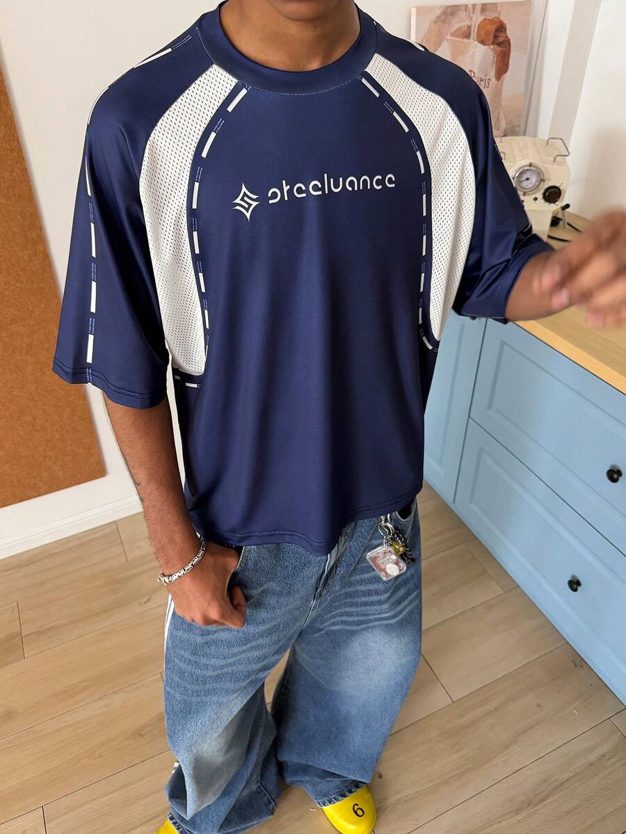 STEELVANCE Áo thun nam in họa tiết phối nhiều mảnh - Màu xanh lam - Xem 1