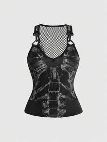 ROMWE Áo tank top phối lưới in hình bộ xương tối màu - màu đen - Xem 1