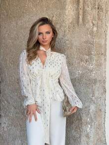 Jeta Ari Blusa casual de estilo francés con patrón de hojas metálicas, volantes desmontables y dobladillo con volantes, para otoño/invierno - Albaricoque - Ver 4