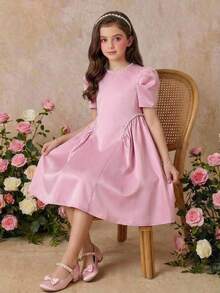 SHEIN Tween Girl Spring/Summer Elegant Beaded Pink Petal Sleeve Leg-Of-Mutton Short Sleeve Dress Tween Girl - Pink - View 4