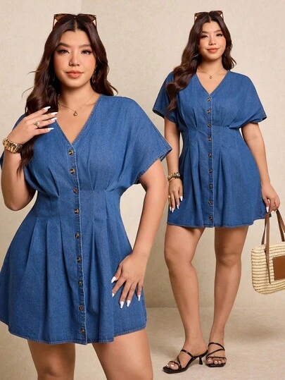 Elaquor 大码女式夏季休闲日常通勤时尚街头度假风V领蝙蝠袖褶皱腰身牛仔连衣裙