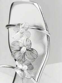 SHUZIA Giày sandal cao gót mũi nhọn kiểu dáng thanh lịch tối giản dành cho nữ, chất liệu giả da ánh kim, họa tiết hoa. - Bạc - Xem 7