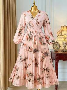 Rometta Plus Size Women Floral Print Belted Pleated Dress Long Sleeve Floral Dress Floral Dress Elegant French Style Dress - Pink - View 6