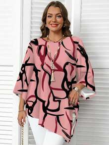 EMERY ROSE Plus Size Summer Casual All-Over Print Asymmetric Hem Shirt - Coral Pink - View 1