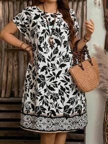 EMERY ROSE 大码印花圆领休闲度假短袖连衣裙 - 黑與白 - 查看 4