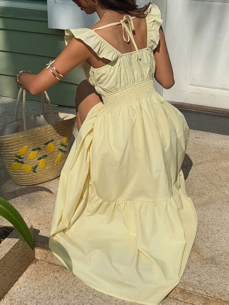 Women's Elegant Solid Color Ruffle Hem Sleeveless Mid-Length Dress, Summer, Wedding Guest Dress Women Dress Sundress Boho