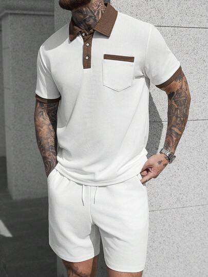 Manfinity CasualCool 男士休闲米色滚边短袖 Polo 衫和短裤套装，夏季