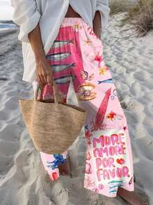 Sundraya Women's Ocean Life & Letter Print Elastic Waist Loose Wide Leg Pants, Suitable For Daily Wear, Commuting, Vacation And Island Trips - Multicolor - View 3