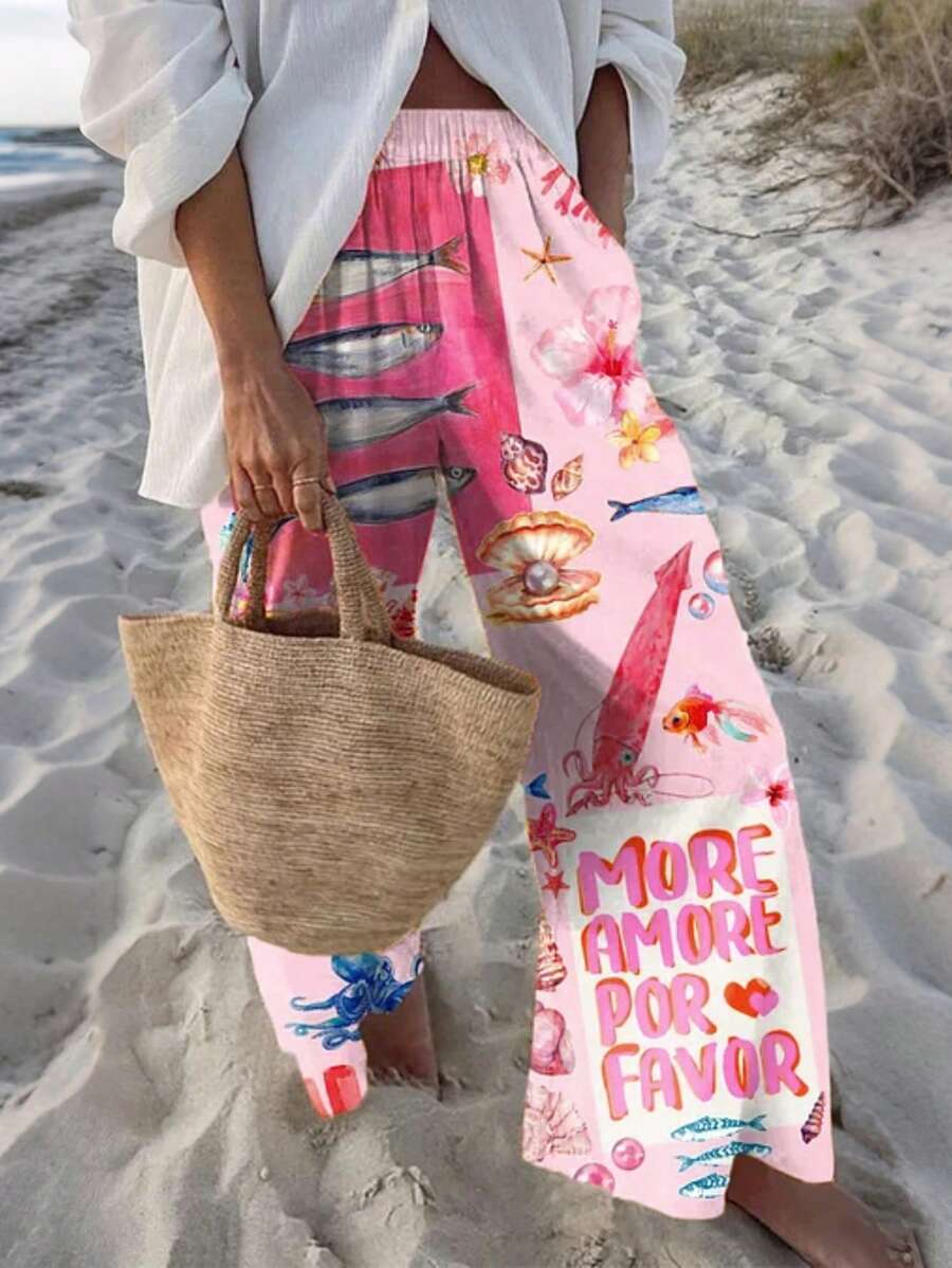 Sundraya Women's Ocean Life & Letter Print Elastic Waist Loose Wide Leg Pants, Suitable For Daily Wear, Commuting, Vacation And Island Trips - Multicolor - View 1