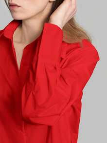 Ontre 2026春夏新款女士休闲宽松度假套装衬衫，红色长款衬衫，女士衬衫，女士纽扣衬衫，通勤装，夏季商务休闲女士度假海滩生日派对服装，女士教师装，女士职业装 - 紅色 - 查看 9