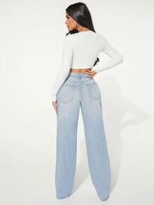 SHEIN SXY 女士休闲水洗做旧直筒牛仔裤 - 淺色水洗藍 - 查看 3