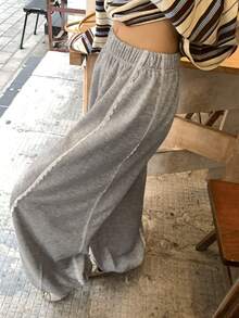 FRIFUL Women's Elastic Waist Contrast Lace Loose Casual Pants - Grey - View 5