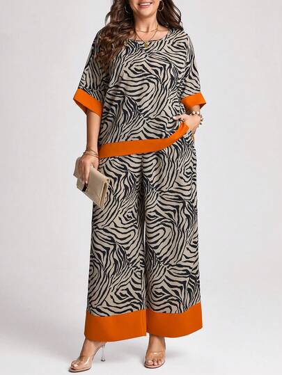 Comfylo 2 piezas Conjunto de top de manga corta con cuello redondo y pantalones con estampado de leopardo para mujer de talla grande, Festival, Old Money