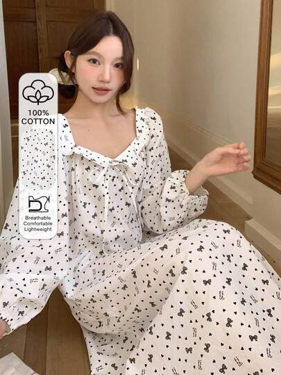 DAZY 甜美蝴蝶结爱心碎花灯笼袖宽松长款睡裙（女士款）