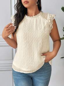 SHEIN Frenchy 夏季加大码纯色蕾丝拼接优雅时尚上衣 - 杏色 - 查看 2